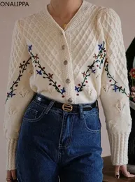 Onalippa vintage bordado gancho flor malha cardigan decote em v estilo desleixado puff mangas compridas cardigans francês chique camisola 231228