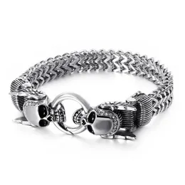 XMAS Gifts Crystals 316L Stainless steel casting Figaro lINK Chain bracelet double Skull End bangle bracelet mens boy jewelry silv284e