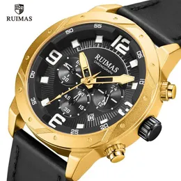 RUIMAS Luxury Gold Watches Men Leather Strap Military Casual Wristwatch Man Chronograph Quartz Watch Relogio Masculino Clock 595316g