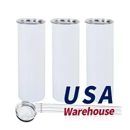 USA warehouse 25pc/Carton Sublimation Tumblers 20oz Stainless Steel Double Wall Insulated Straight Blank White Water Cup with Lid And Straw For Heat Transfer 1228