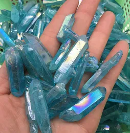 6 pçs azul titânio aura anjo varinha pontos natural cristal cru áspero cura topázio lemurian semente prisma cluster encantos stone6786829