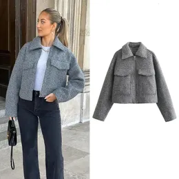 TRAF Autumn Winter Cropped Jacket for Women Short Coat Tweed Zip Crop Demi season Woman in outerwears 231228
