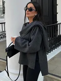 秋の短い灰色のニットケープコートとスカーフ女性ファッション長袖ゆるいカーディガン冬エレガントなシックなストリートウェア231228