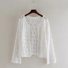 Women's Knits Hollow Out Small Shawl 2023 Summer Solid Color Top Long Sleeved Cardigan Knitted Sweater LuckBN