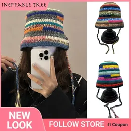 Y2K Japanese Handmade Crochet Colored Striped Knitted Lace Up Bucket Hats For Women Contrasting Colors Winter Basin Hat Gorras 231228