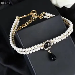 Vintage Brand Designer Anhänger Halskette Logo Schwarzwassertropfen 3 Schichten Kristall Doppelperlenkette Choker für Frauen Schmuck273d