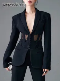 Twotwinstyle Katı Blazers Kadınlar Çentikli Yakalı Uzun Kollu Patchwork Mesh Zayıflama Seksi Blazer Kadın Moda Giysileri 2023 231228