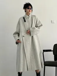 French Elegant Wool Blends Stand Neck Solid Color Loose Design High Street Long Coats Autumn Winter Vintage Y2k Women s Clothing 231228