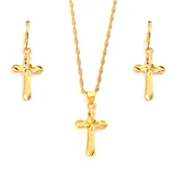 24 K Gul Fine Gold GF Small Mini Tax Stamp Cross Pendant Chain Earrings Set Christian Jewelry Set Women Girl Jesus Gift2441