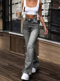 Однотонные расклешенные джинсы с прорезными карманами и рваными карманами, джинсовые брюки с высокой талией и расклешенной посадкой, s Clo 231228