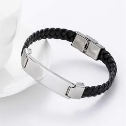 Rostfritt stål tomma ID -taggar läderarmband för gravskinnsfläta armband med metallplatta hela 10st Q0720332W