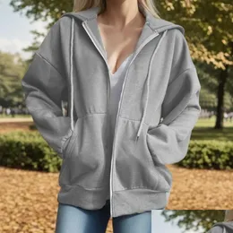 Felpe con cappuccio da donna Felpe con cappuccio Harajuku Solid Zip Up Felpa con cappuccio da donna Piviere con cappuccio Autunno maglione carino Camicia per ragazze Felpa oversize Teen Drop D Otfbt