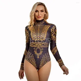 Sahne Giyim Işıltılı Altın Rhinestones Bodysuit Uzun Kollu Kadın Şarkıcı Performans Leotard Tek Parça Dans Kostüm Rave Kıyafetleri