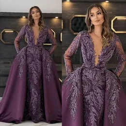 Luxury Purple Evening Dress Sheer Long Sleeves Jewel Neck Lace Appliques Beads Prom Gowns with Overskirts Party Dresses Custom Made