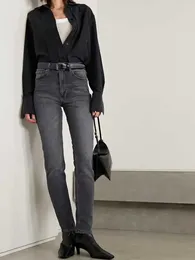 Jeans femininos flordevida cinza escuro cintura alta magro elástico algodão streetwear outono inverno lápis moda feminina 2024
