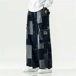 Calças de brim retas soltas retalhos carga calças de bolso grande japonês haruku streetwear
