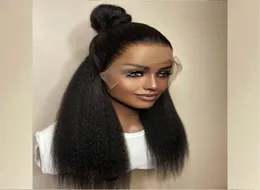 26 tum 180densitet Glueless Jet Black Colored Yaki Kinky Straight Lace Front Wig For Women Bunds med stängningsvärmebeständig Fibe9337401