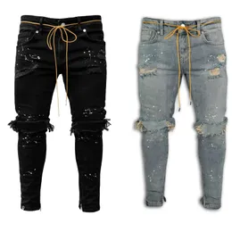 Zgrane dżinsy do dziury dla mężczyzn Hip Hop Cargo Pant w trudnej sytuacji Jasnoniebieski dżins chuda ubranie pełna długość jesiennych spodni 231228