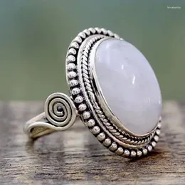 Cluster Rings Thai Silver Vintage Retro Adjustable Moonstone Oval Shape For Women Girls Party Punk Jewelry Anillo Jz871