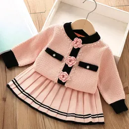 Conjunto de roupas de inverno para meninas cardigan e saia crianças beading malha desgaste ternos uniforme para 1-7ys crianças camisola quente outfits 231227