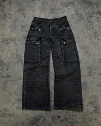 Y2K American Style Raw Edge Jeans Washed High Waist 대형 넓은 다리 바지 Women Street 캐주얼 멀티 킷 바지 231228