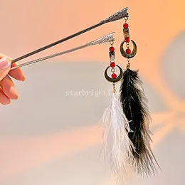 New Chinese Style Hair Sticks for Women Girls Feather Tassel Pendant Metal Hairpins Boho Ethnic Jewelry Accessories