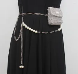 Bälten Kvinnor Runway Fashion Diamonds Bag Pearl Chain Cummerbunds Female Dress Corsets Waistband Decoration smal bälte R2501