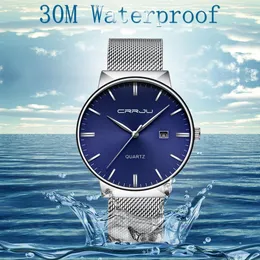 CRRJU heren blauwe wijzerplaat zakelijke horloges heren roestvrij staal waterdicht mode quartz horloge slanke jurk klok male291s