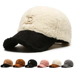 Trendig stor bokstav broderi män vinter hattar vit brun lambool baseball mössa för kvinnor varm plysch trucker gorras 231228