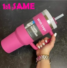 Ready To Ship 40oz Hot Rose Pink Tumblers Cups Mugs With Handle Insulated Tumblers Frosted Lids Straw Stainless Steel Coffee Thermos Cup US stock E1228