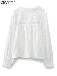 Zevity Women Fashion Flower Embroidery Lace Stitching White Smock Blouse Femme長袖カジュアルシャツBlusas Chic Tops LS3833 231227