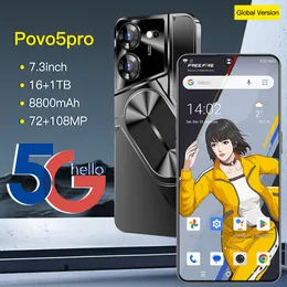 2024 Povo5Pro Mobiltelefon 7.3-tums skärm 8800 mAh Stort batteri Stöder dubbla telefonkort Android 13 Stöd OTG 72MP+108MP