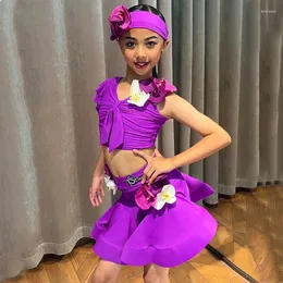 Bühnenbekleidung Kinder lateinischer Tanz professionelle Kleidung Mädchen lila Top -Röcke Kostüm Performance Kleider SL9063