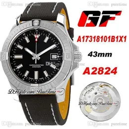 GF A17318101B1X1 A2824 Relógio Masculino Automático 43mm Preto Dial Stick Marcadores Couro Nylon Com Linha Branca Super Edition ETA Relógios 286H