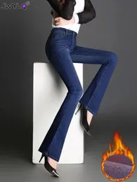 Zimowe szczupły aksamitne dżinsowe dżinsy Flare Pants Wysoka talia ciepłe grube pantalony Pluszowe Pluszowe Oważne Ogólność 34 Dżinsowe spodnie 231228