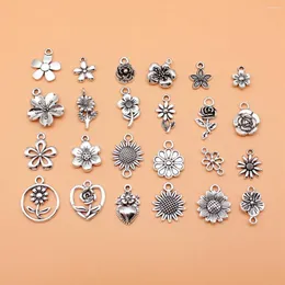 Charms 24pcs Antique Silver Color Flower Collection do DIY biżuteria tworząc 24 style 1 z każdego z każdego