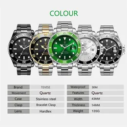 TEVISE Fashion Men Quartz Watch Calender Waterproof Business Watches Rostfritt stål Mensklockor Relojo Mascuino Top Watch210u