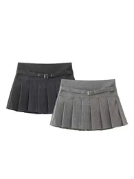 TELLHONEY Women Fashion Side Zipper With Belt Decoration Skirt Female Casual Low Waist A Line Pleats Mini Skirts 231228