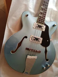 Baixo destro 4 cordas Vintag azul cinza brilho semi-oco captadores HH guitarra elétrica