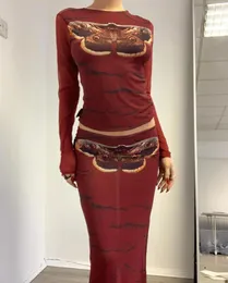 Damskie koszule Kobiety seksowne 2 -częściowe zestaw spódnicy drukowane wzory z długim rękawem Top Top podzielone midi spódnice strój Y2K modny