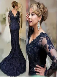 Navy Blue Lace Mother of the Bride Dresses 2022 New Vnect Vneck Long Sleeve Mermaid Of The Groom Wedding Guots M631294792
