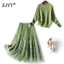 Women's Winter Knitted Dress Suits Fashion Long Sleeve Pullover Sweater With Embroidery Mesh Skirts Set 2 Piece Casual Outfits 231227