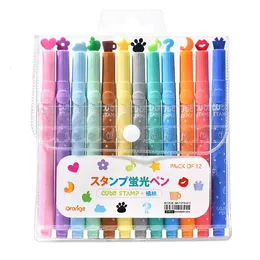 12 färger/låda unika tecknad mönster SEAL Highlighter Marker Hand Account Pen Student Present School Office Supplies 231227