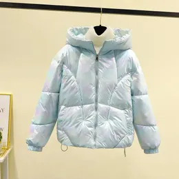 Abrigos de trinchera para mujer Chaqueta de invierno Estilo corto brillante Cálido con capucha Down Parkas de algodón Suelto Coreano