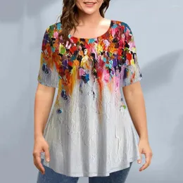 البلوزات النسائية M-4XL Women Summer T-Shirt 3D Digital Flower Print Receal Dister Shorts بالإضافة إلى حجم الزيت اللوحة Lady Blusas Top Blusas