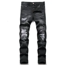 Men Paisley Bandana Print Patch Jeans streetwear pitchwork pitchwork struct struct denim pants slim rection biker breaters 231227