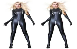 Frauen Sexy Lackleder Overall Bondage Zentai Catsuit Wetlook PU Latex Trikot Reißverschluss offener Schritt Bodysuit Erotik Clubwear9380517