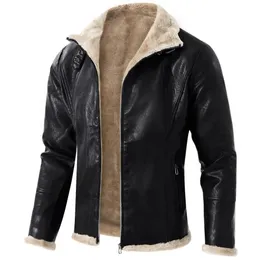 Vinterfleece Men's Leather Jacket Warm Motorycle Läder Ytterkläder Mens Casual Wid Down Collar Coats Pu Moto Biker Jackets Man 231228