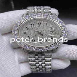 Arapça Dial Watch Diamond Watch Luxury Iced Out Saat Otomatik 43mm Erkek Gümüş Su Geçirmez 316L Paslanmaz Set CZ Diamond212k