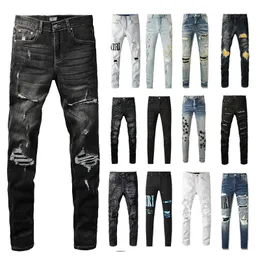 Rippad för applikationer Star Patchwork Denim Pants High Street Hip Hop Trousers Men Klädmärke Slim Motorcykel Jeans